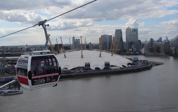 View from London Cable Car towards the O2 Dome and Canary Wharf